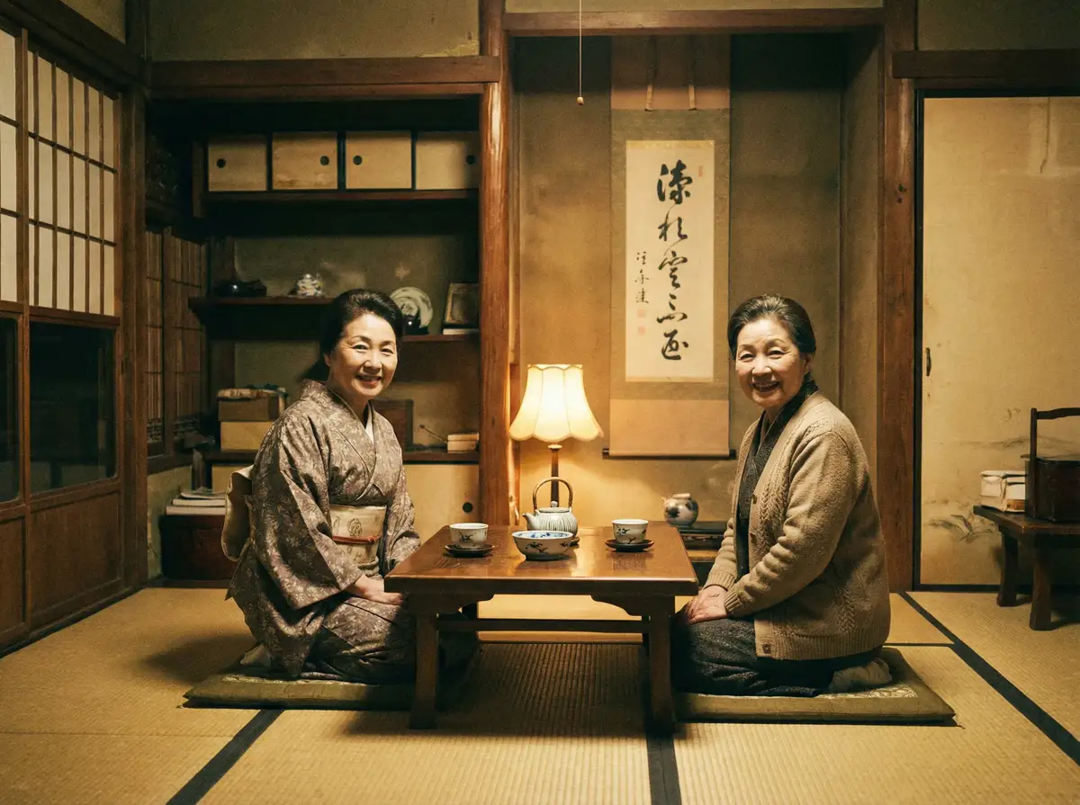 两位优雅的 best365体育网站 在日式茶室中品茶交谈